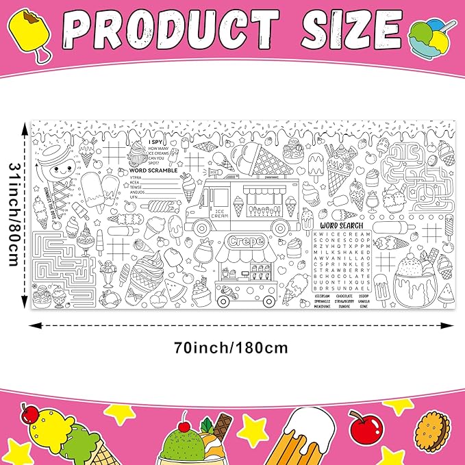 Ice Cream Giant Coloring Poster for Kids Summer Large Coloring Tablecloth Big Paper Sheets Page Sweet Theme Table Cloth DIY Activity Game Art Crafts Mat Wall Home Party Decoration Supplies