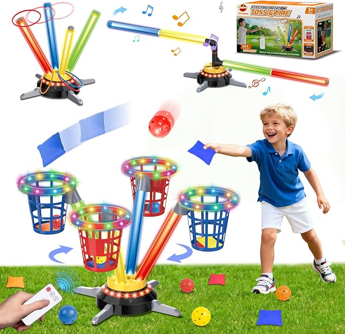 VATOS 3 in 1 Bean Bag & Ring Toss Game, Musical Jumping for Kids, Electric Spinning Base with Remote, Lights, 12 Sandbags, 12 Tossing Rings, 12 Balls, Indoor Outdoor Backyard Sport Toy for Boy Girl 3+