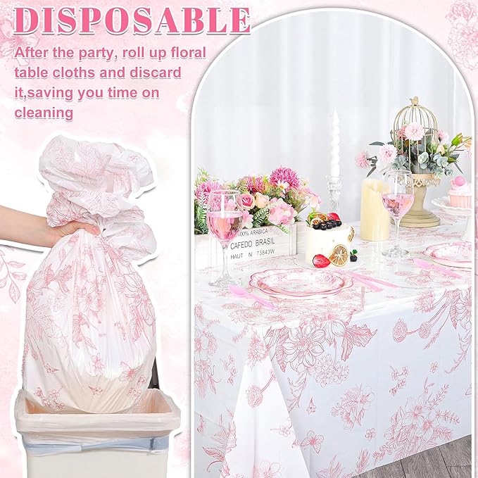 6 Pack Pink Floral Plastic Tablecloths, 54 X 108Inch Tea Party Tablecloth Disposable Vintage Table Cloth Pink and White Porcelain Tables Decor for Easter Mother's Day Birthday Garden Wedding Tea Party