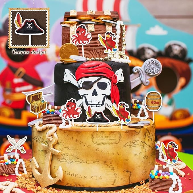 WERNNSAI 49 PCS Pirate Cupcake Toppers - Pirate Birthday Party Decorations Pirate Parrot Cake Toppers Pirate Day Party Favors Supplies Pirate Ship Cake Topper Pirate Theme Cake Decors