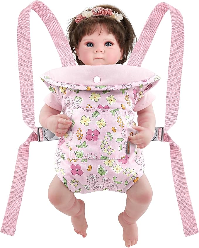 GAGAKU Baby Doll Carrier for Little Girls, Doll Accessories for Toddlers 1-3, Kids Toy Baby Dolls Sling Carrier - Pink - Moonflower