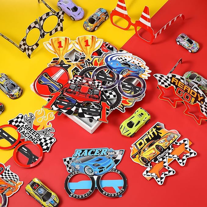32 Pack Race Car Party Favors for Boys - Racing Paper Glasses Frames Checkered Flag Eyeglasses for Kids Birthday Party Supplies, Baby Shower Photo Booth Props, Racing Theme Goody Bag Fillers