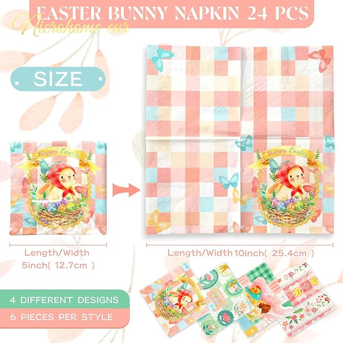 Easter Napkins 24PCS, Pink Green Bunny Floral Paper Napkins, 3-Ply Disposable Happy Easter Napkins for Spring Holiday Party Baby Shower Wedding Birthday Table Napkins Decorations