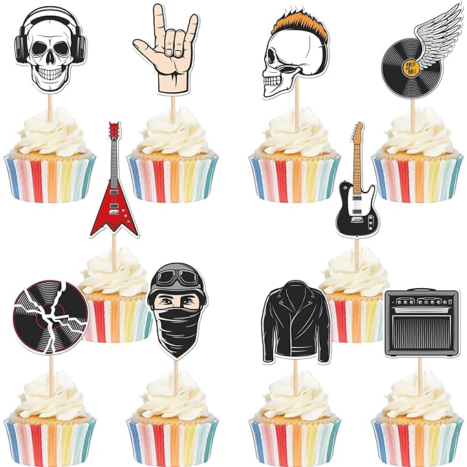 30 PCS Rock and Roll Party Cupcake Toppers Rockstar Music Cupcake Picks Guitar Musical Instrument Cake Decorations for 80's Retro Muscial Theme Baby Shower Birthday Party Supplies