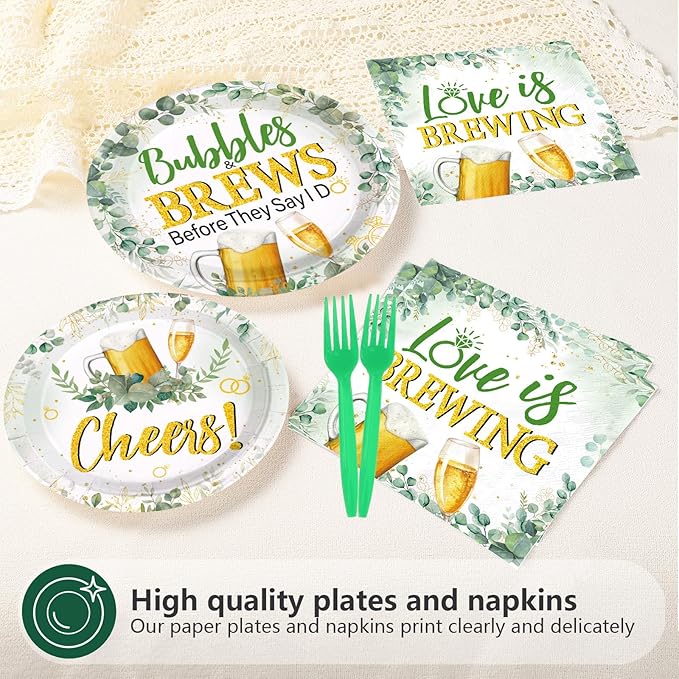 96Pcs Bubbles and Brews Bridal Shower Party Decorations Sage Green Gold Cheers Bubbles and Brews Before I Dos Plates and Napkins Sets for Bachelorette Engagement Wedding Party Supplies Serves 24
