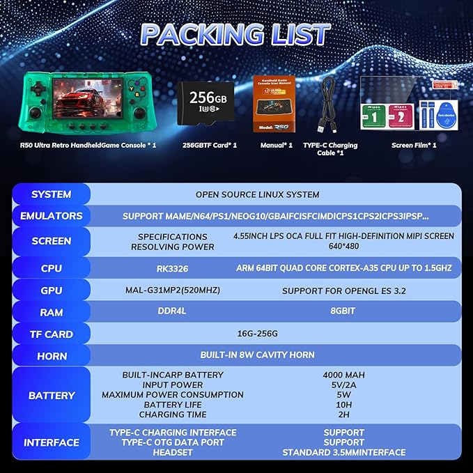 RegiisJoy R50 Ultra 50000 in 1 Handheld Game Console, 4.5 Inch IPS Screen Retro Gaming Consoles Main Emulators, Portable Mini Pocket Arcade 4000mAh Battery,256G TF Card,Linux System