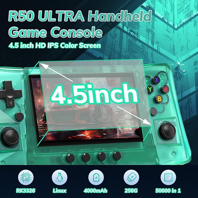 RegiisJoy R50 Ultra 50000 in 1 Handheld Game Console, 4.5 Inch IPS Screen Retro Gaming Consoles Main Emulators, Portable Mini Pocket Arcade 4000mAh Battery,256G TF Card,Linux System