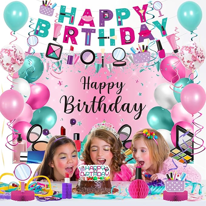Roetyce Makeup Birthday Party Decorations - 46PCS Kit, Pink Spa Themed Birthday Supplies With Banner, Balloons, Cake Topper