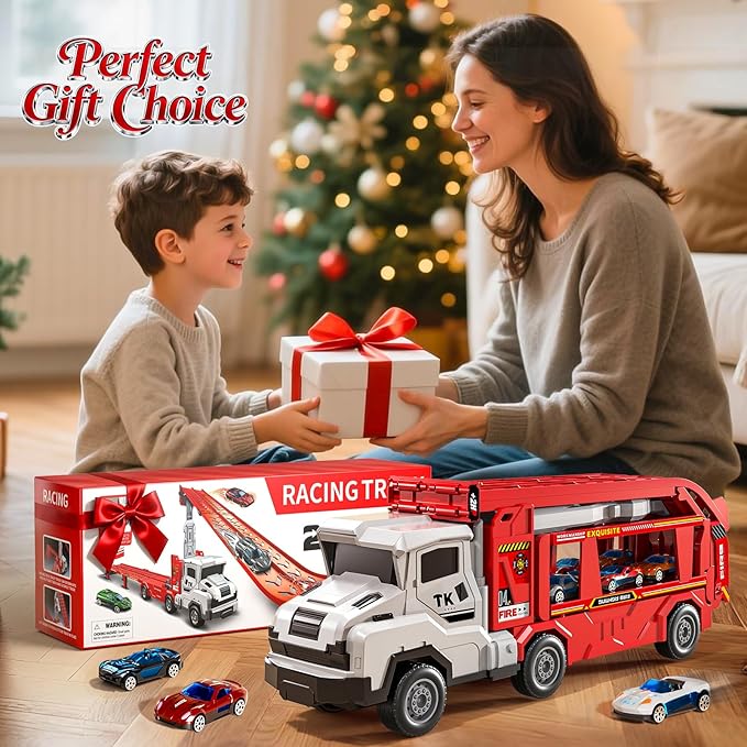 Truck Toys for Kids, Transport Vehicle with 12 Die-Cast Car, Double Race Car Track Cars Ramp Toy, Carrier Truck for Toddler 3-5, Christmas Birthday Gift for 3 4 5 6 7 8 Years Old Boys Girls