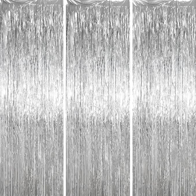 3.3 x 6.6 ft Foil Fringe Backdrop Curtains, Tinsel Streamers Party Decorations, Fringe Backdrop for Birthday, Baby Shower, Gender Reveal, Graduation (3, Silver)