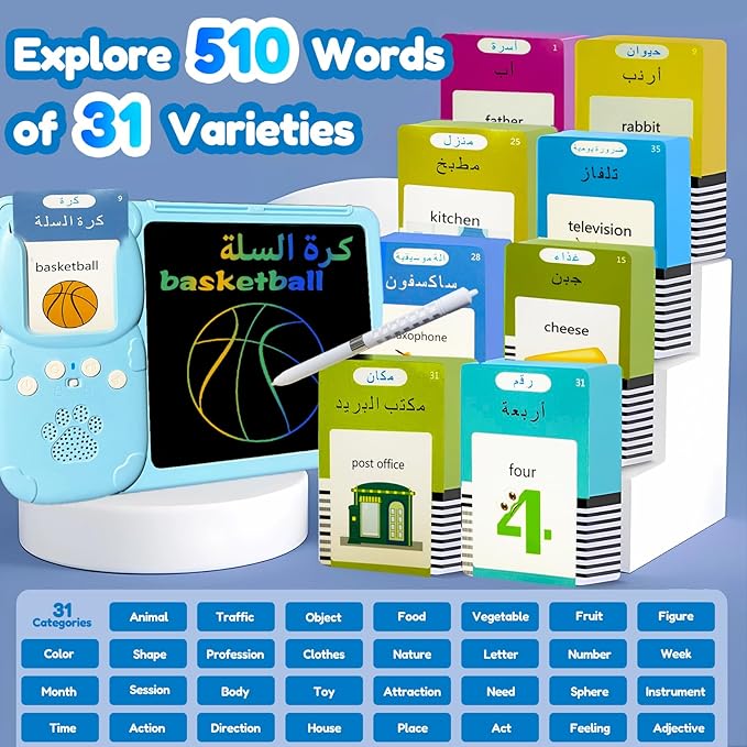 Drawing Tablet with Bilingual Flashcards for Kids - Arabic English Talking Flash Cards, LCD Writing Pad Board, Pocket Speech for Toddlers, Learning Toy Gift for Boys Girls (Arabic, Blue)
