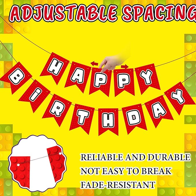Oudain Pre-Strung Happy Birthday Banner Red Building Blocks Happy Birthday Decorations Building Block Themed Party Supplies for Boys Girls