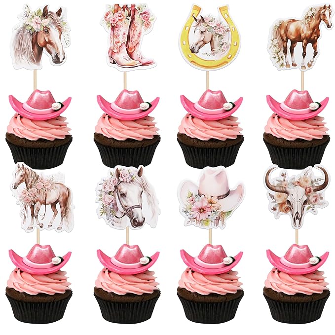 40 PCS Horse Cupcake Toppers Floral Horse Western Cowgirl Cupcake Picks Horseshoe Hat Boots Cowgirl Birthday Cake Decorations for Horse Western Cowgirl Theme Baby Shower Girls Birthday Party Supplies