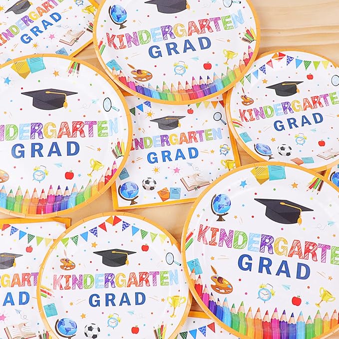 Kindergarten Graduation Party Supplies Pre-K Grad Tableware Set Preschool Graduation Plate Napkin Kindergarten Disposable Paper Dinnerware Kit for Graduate Party decoration Favor 24 Guest (White)