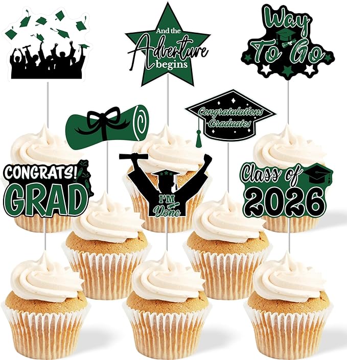 2026 Graduation Cupcake Toppers - 48 Pcs Green Graduation Party Supplies Mini Cake Food/Appetizer Picks For Class of 2026 Grad Decorations