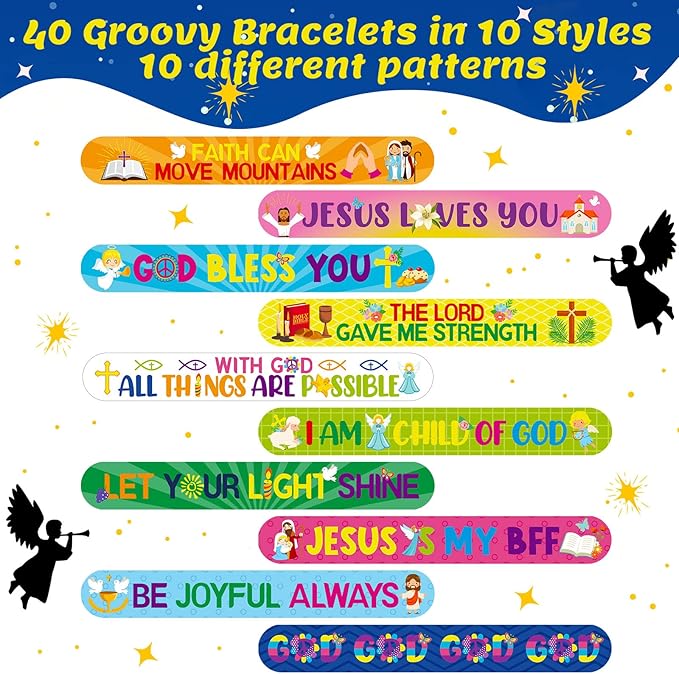 Frienda 40 Pcs Bible Verses Religious Christian Slap Bracelets for VBS Jesus Love You Wristbands Inspirational Motivational Nativity Slap Bracelet Sunday Supplies He Is Risen(Motivational)