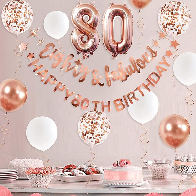 Rose Gold Eighty & Fabulous Happy 80th Birthday Banner Garland Foil Balloon 80 for Womens 80th Birthday Decorations Hanging 80 and Fabulous Cheers to 80 Years Old Birthday Party Supplies Backdrop