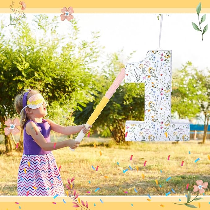 Wildflower Number Pinata Birthday Decorations Spring Floral Pinata with Stick Blindfold Confetti for Birthday Party Supplies Baby Shower Decor (Number 1)