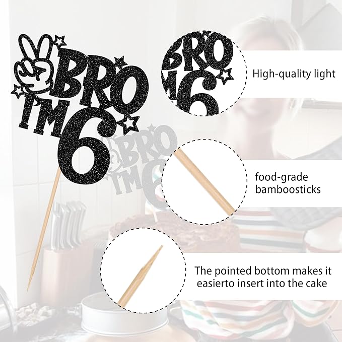 1 PCS Brother I'm 6 Cake Topper Glitter Star Happy 6th Birthday Cake Pick Bro I'm 6 Cake Decoration It's My 6th Birthday Decorations for Boys Cheers to 6 Years Old Birthday Party Supplies Black