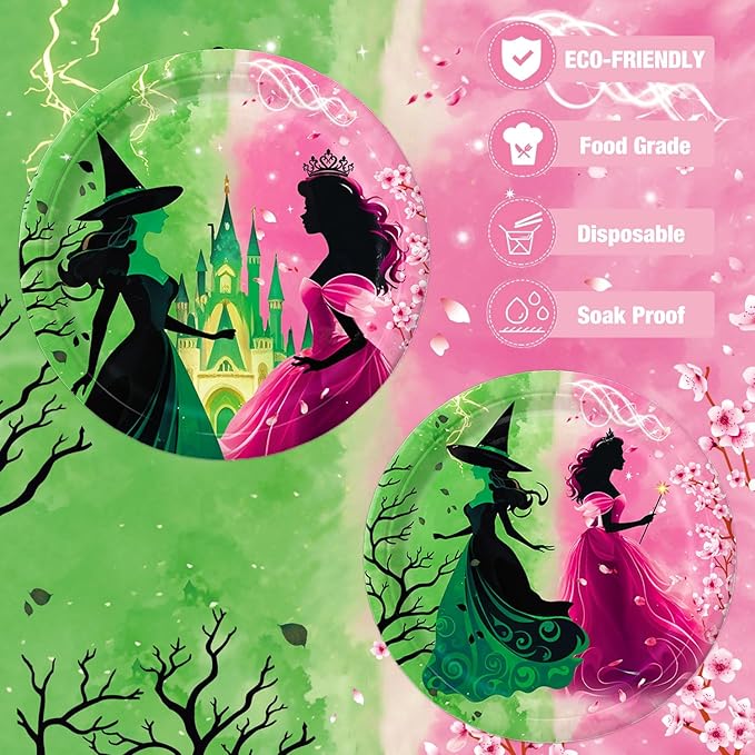 41 PCS Pink and Green Witch Party Decorations Include Pink Plates, Green Plates, Napkins, Tablecloth for Witch Birthday Party Decorations