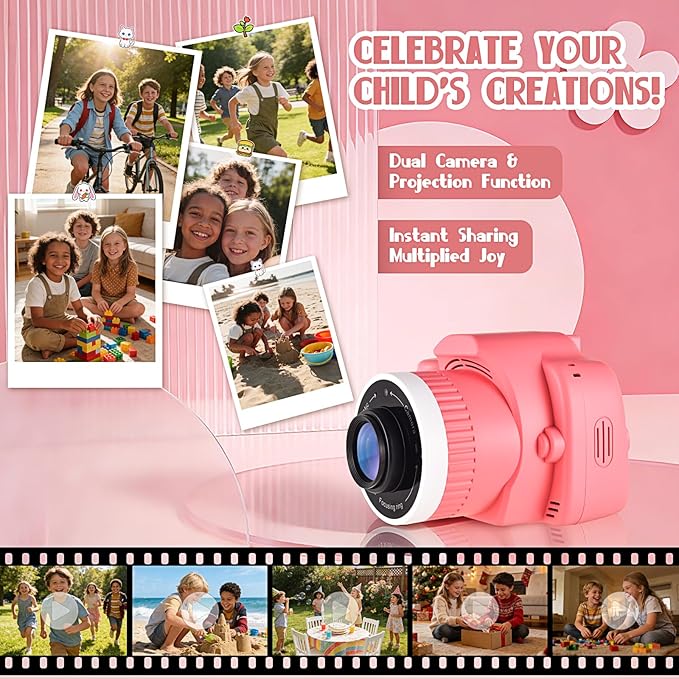 Kids Digital Camera with Video Games, Digital Camera for Kids Fhd 1080P, Kids Video Camera Digital Camcorder with Projector Stent for Gifts White