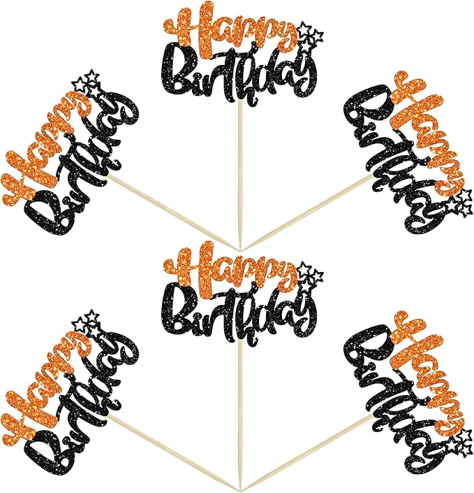 Ephlyn 24Pcs Happy Birthday Cupcake Toppers Double Layer Glitter Happy Birthday Cake Decorations for Halloween Baby Shower Theme Anniversary Party Cake Decorations Supplies Black Orange