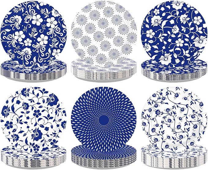60Pcs Blue and White Floral Party Paper Plates 9 Inch Disposable Heavy Duty Blue White Vintage Flowers Dessert Plates Chinoiserie Porcelain Decorations for Wedding Spring Birthday Party Supplies