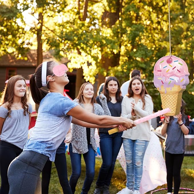 Capoda Pink Ice Cream Piñata Cute Dessert Cone Shaped Piñata with Stick Blindfold for Ice Cream Candy Birthday Party Summer Baby Shower Wedding Party Supplies Decor, 15.8 x 9.5 Inch
