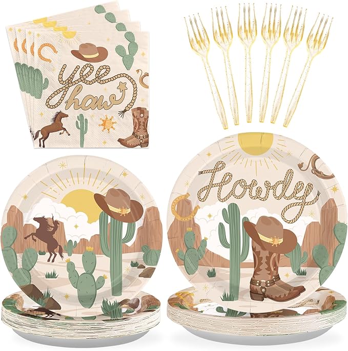 96 Pcs Western Rodeo Party Supplies 350 GSM Western Cowboy Plates and Napkins Howdy Cowgirl Tableware Set for Yeehaw Western Wild West Theme Birthday Party Decorations Baby Shower Favors Serves 24
