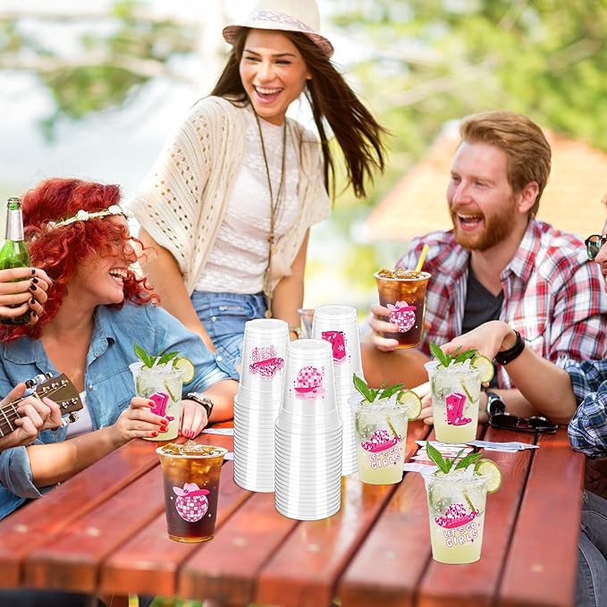 100 Pcs Pink Cowgirl Disco Plastic Cups, 12 oz Western Cowgirl Plastic Cups Clear Disposable Western Cowgirl Party Cups for Cowgirl Birthday Party Baby Shower Last Rodeo Party Supplies