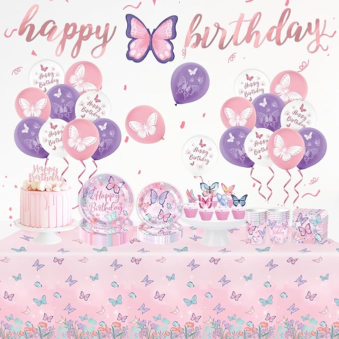 Butterfly Birthday Party Supplies Decorations Tableware Set Serves 25 Butterfly Disposable Paper Plates Napkins, Cups, Cake Toppers Tablecloth, Banner, and Balloons for Butterfly Decorations