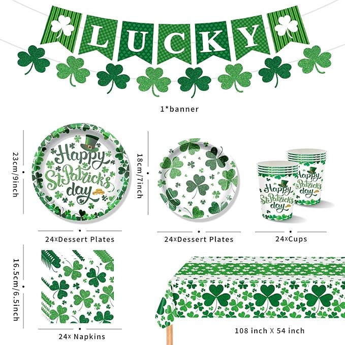 St. Patrick's Day Party Supplies Irish Themed Disposable Dinnerware Set with Lucky Shamrock Plates, Napkins, Cups, Banner and Tablecloth for St Patricks Day Saint Irish Party Decoration, Serves 24