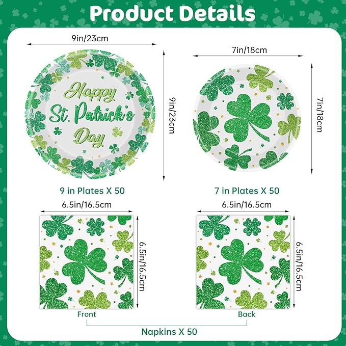 150 Pcs Happy St Patricks Day Plates and Napkins Set - Disposable St. Patrick's Day Tableware kit, Green Shamrock Paper Dinner Dessert Plates Dinnerware for St Patrick Day Party Decorations, Serve 50