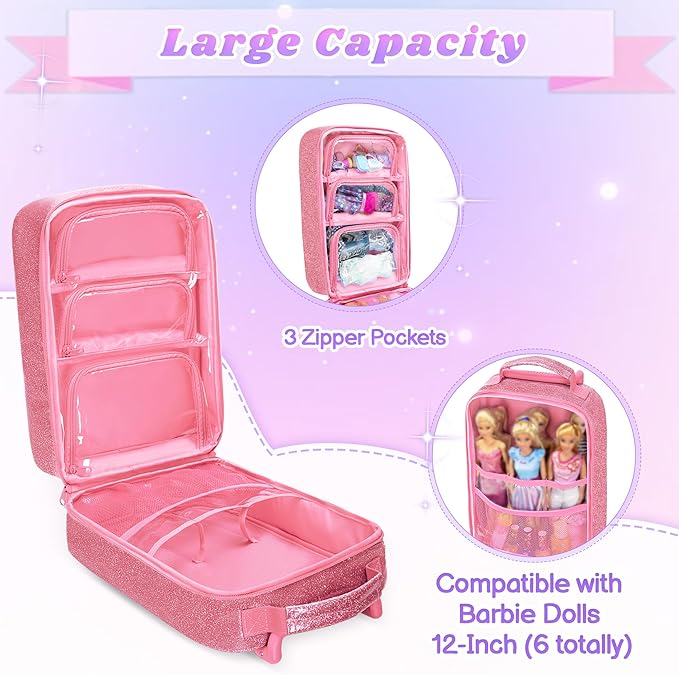 LoDrid Travel Backpack Compatible with Barbie Dolls 12-inch, Doll Carrying Case with Wheels, Suitcase Storage Organizer with Multiple Pockets for Doll Clothes and Accessories, Pink, Bag Only