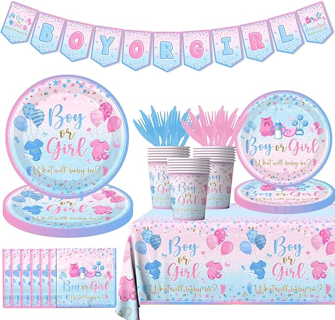Gender Reveal Tableware 142Pcs-Gender Reveal Decorations Blue and Pink Star Baby Gender Reveal Boy or Girl Party Banner,Tablecloth,Plates,Napkins Cups Forks and Knives Supplies of Reveal Party