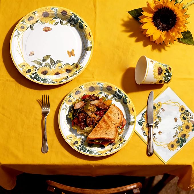100Pcs Sunflower Paper Plates and Napkins and Cups Flower Floral Fall Party Plates for 25 Guest Wedding Baby Shower Kids Birthday Party Supplies Decoration