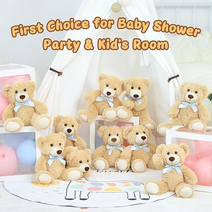 MorisMos 10-Pack Teddy Bear Bulk for Baby Shower,14-inch Small Teddy Bear Stuffed Animal Plush Toy,Soft Bulk Stuffed Animal Wholesale for Baby Shower Centerpiece Decoration Birthday Party Favors,Brown