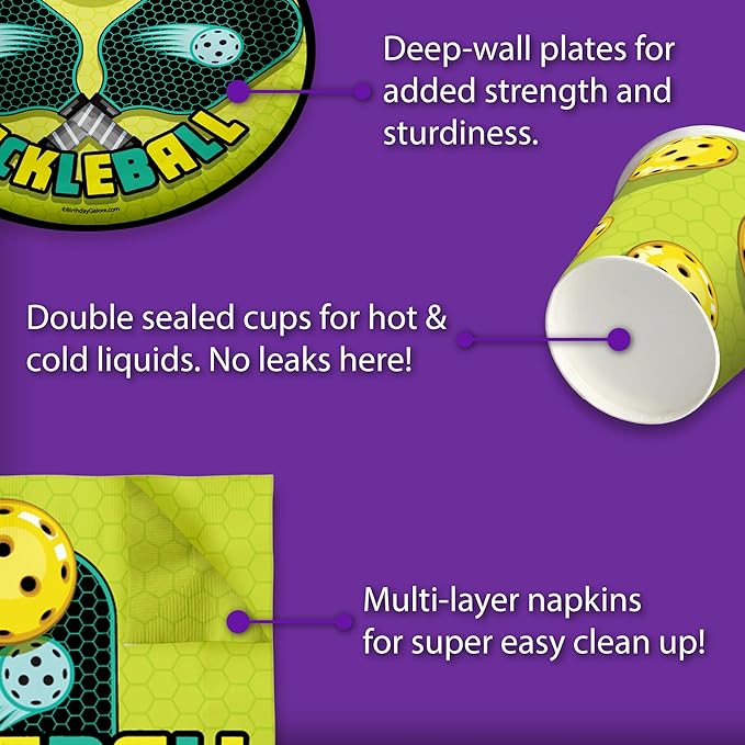 Pickle Ball Birthday Party Supplies - Pickleball Party Supplies - Summer Paper Plates | Disposable Tableware Set Includes Plates Napkins and Cups | Kit for 16