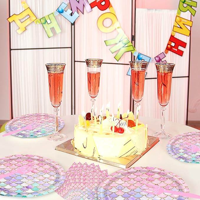 Dixutzi 96 Pcs Mermaid Birthday Party Decorations, Mermaid Party Supplies Including Paper Plate, Napkin and Fork, Ocean Theme Decor Tableware Set for Birthday, Serves 24