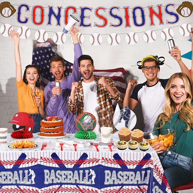 Meanplan Baseball Party Supplies Kit 167 Pcs Baseball Party Decorations Includes Paper Plates, Napkins, Cups, Concessions Banner, Tablecloth and Honeycomb for Sports Theme Birthday Decor, Serve 24