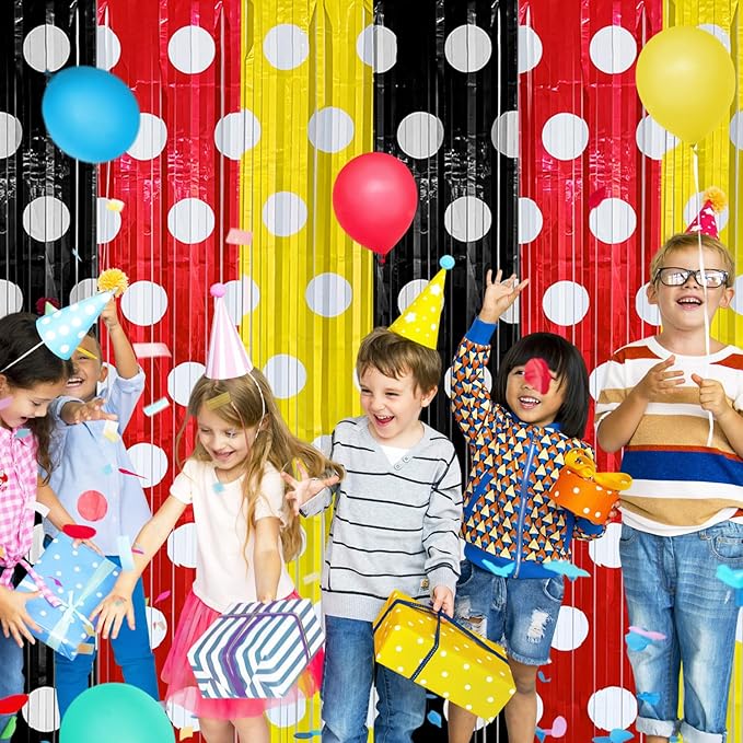 4 Pack Black Red Yellow Foil Fringe Curtains Birthday Decorations, 3.2x6.6ft Mouse Color Door Streamers Backdrop Cartoon Mouse Baby Shower Birthday Party Decorations Supplies
