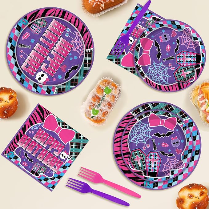 96 Pcs Monster Girl High Birthday Party Supplies Monster Skull Plates and Napkins Purple Belted Skull Tableware Set for Girls Baby Shower Birthday Themed Parties Supplies, Serves 24
