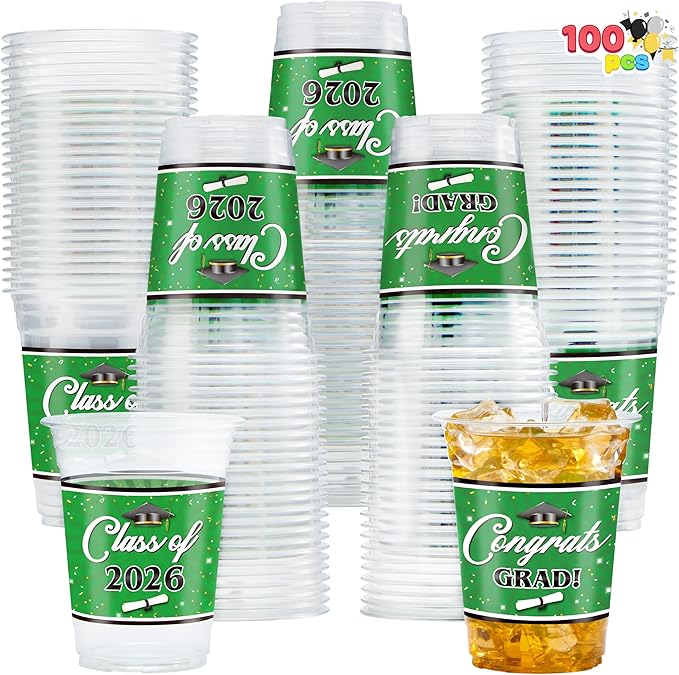 JOYIN 100 Pcs 16oz Graduation Party Plastic Cups (Green), PET Cup Tableware Bulk for Class of 2026 Graduates, Disposable Cups for 2026 High School College Graduation School Festivities Party Supplies