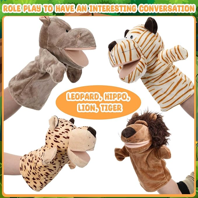 4 Pcs Hand Puppet Animal with Working Mouth 9.8 Inch Animal Puppet Soft Plush Toy for Storytelling Theater Preschool Birthday Gifts(Leopard, Hippo, Lion, Tiger)