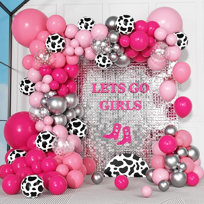 170Pcs Cowgirl Balloons Arch Garland Kit, Hot Pink Silver Cow Print Balloons for Last Rodeo Bachelorette Western Let's Go Girl Cowgirl Baby Shower Birthday Disco Party Decorations Supplies