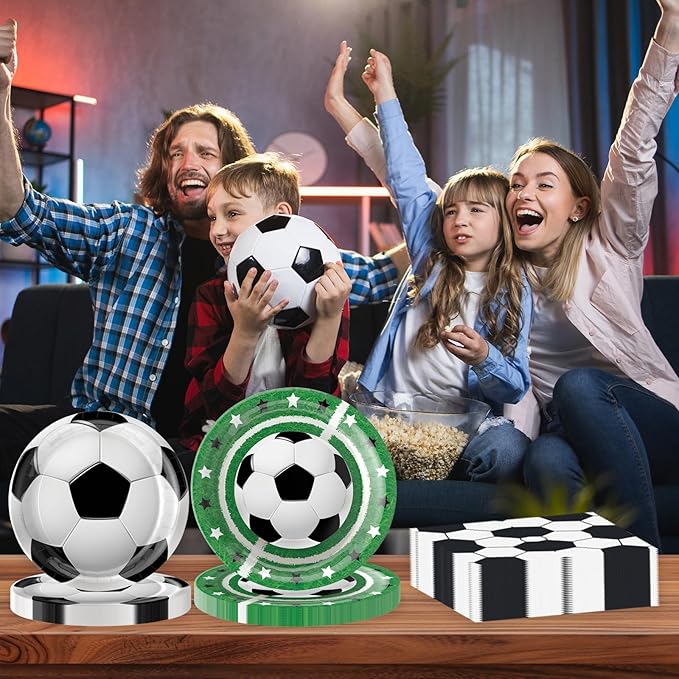 96Pcs Soccer Plates and Napkins Party Supplies- Sports Birthday Paper Plates Napkins Forks Dinnerware Soccer Ball Party Decor for Soccer Fans Baby Shower Boys Girls Birthday Gatherings Serves 24