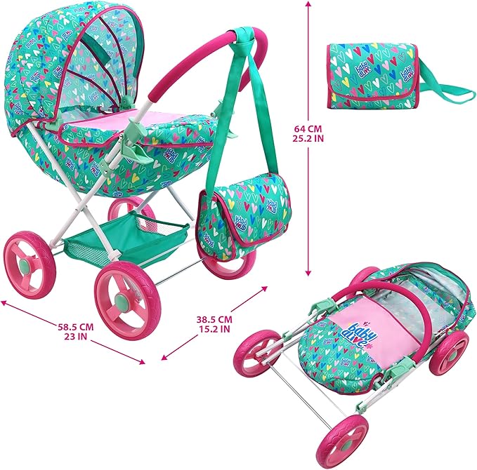 Baby Alive: Deluxe Classic Doll Pram - Green, Pink, Hearts - Accessory for Dolls Up to 18", Matching Shoulder Bag, Foldable, Storage, Kids Toy, Age 3+
