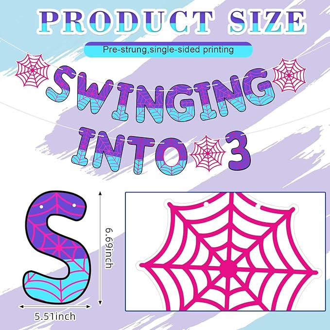 TaoBary Spider Theme 3rd Birthday Banner, Pre-strung Swinging into 3 Banner, Spider 3rd Birthday Decorations Party Supplies for Kids, Third Decor for 3 Year Old Boys Girls(Pink and Purple)