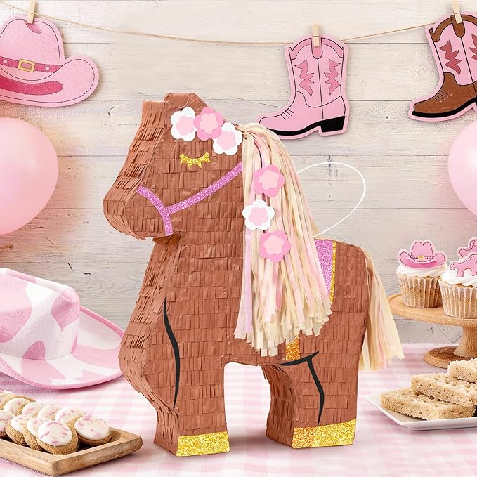 WERNNSAI Horse Piñata - Cowgirl Birthday Party Decorations Pink Brown Horse Piñata with Blindfold and Bat Western Cowgirl Party Favors for Kids Boys Classroom Activities Game