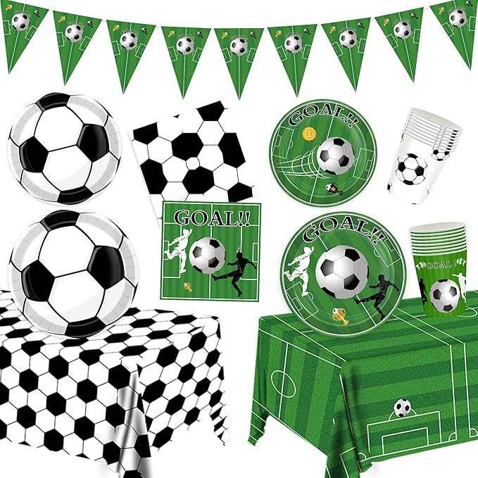 Soccer Birthday Party Decorations Tableware Set Soccer Party Supplies Soccer Theme Party Decorations Paper Plates Napkins Cup Tablecloth and Banner for Boys Girls Sports Theme, 24 Guests